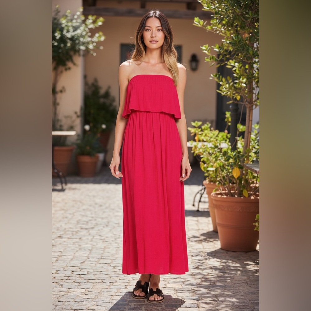 Zenana Woven Crinkle Strapless Maxi Dress